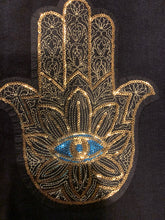 Load image into Gallery viewer, Black Metaphysical Denim Jacket With Gold Hamsa
