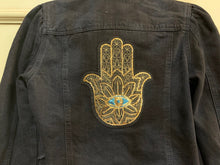 Load image into Gallery viewer, Black Metaphysical Denim Jacket With Gold Hamsa