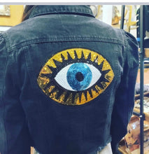 Load image into Gallery viewer, Black Metaphysical Denim Jacket With Gold Evil Eye
