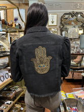 Load image into Gallery viewer, Black Metaphysical Denim Jacket With Gold Hamsa