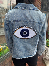 Load image into Gallery viewer, Blue Metaphysical Denim Jacket With Evil Eye