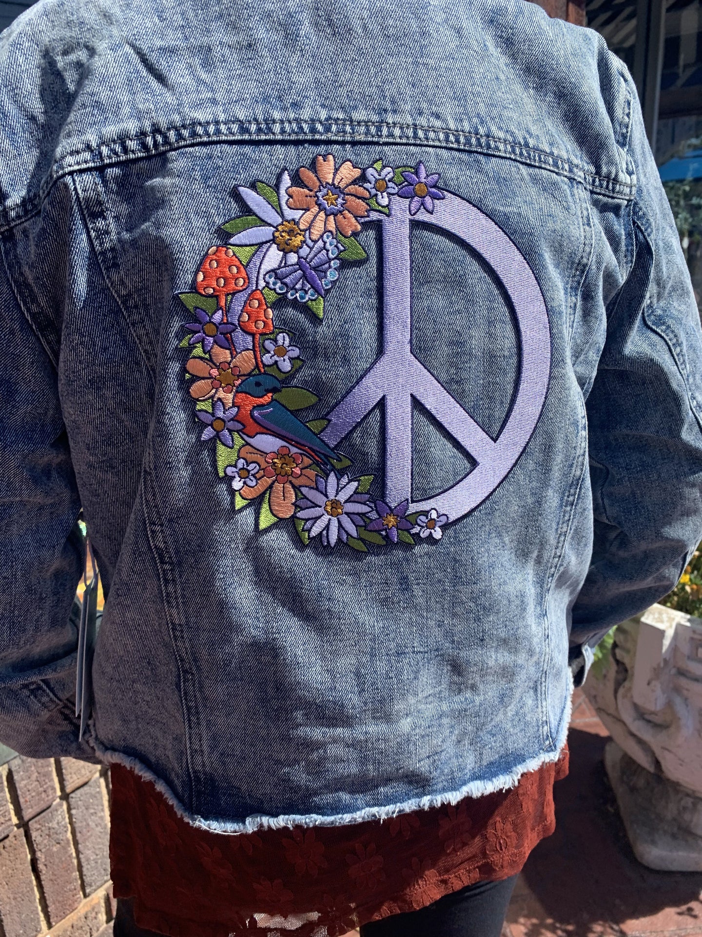 Blue Metaphysical Denim Jacket With Peace Sign