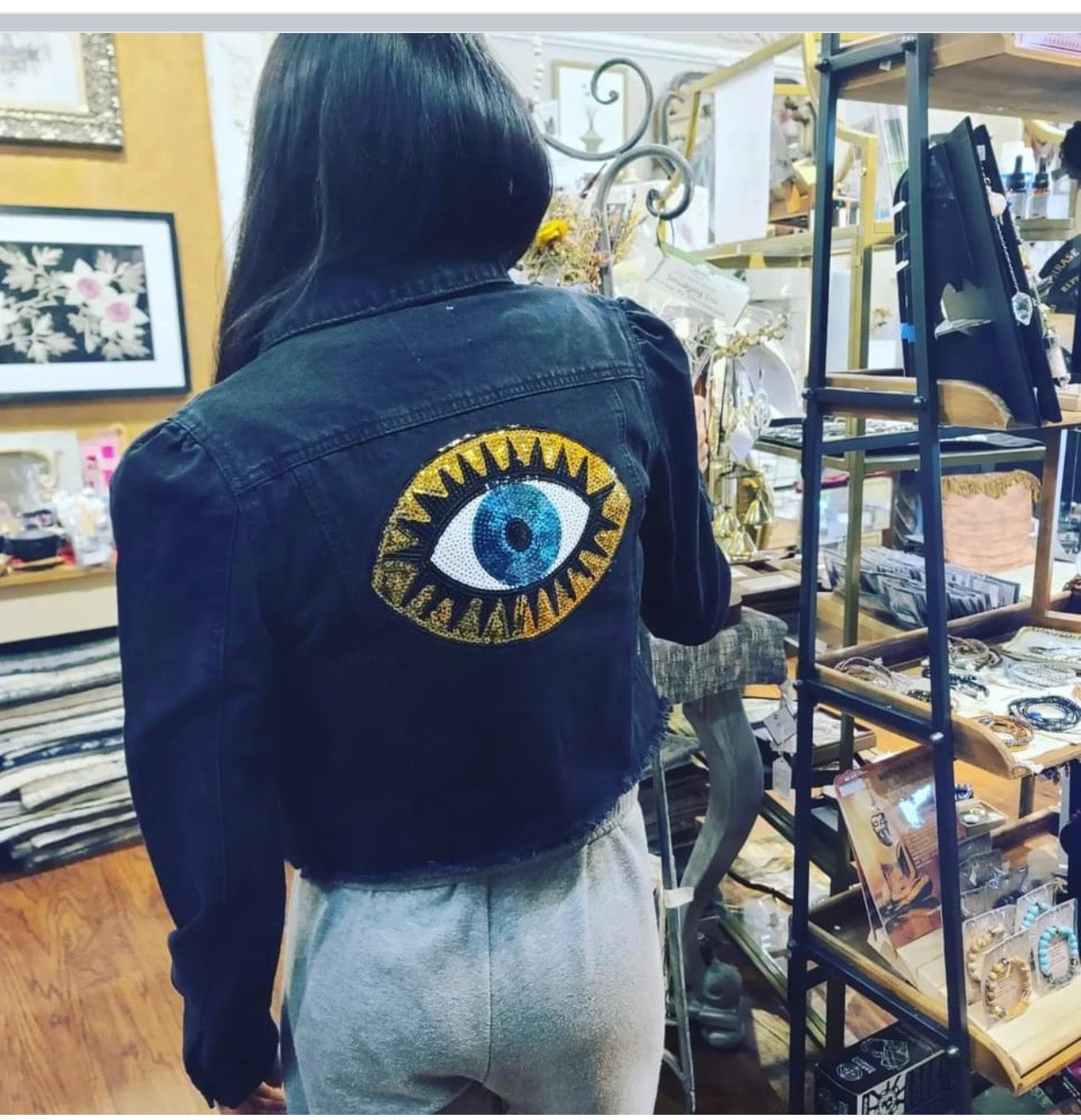 Black Metaphysical Denim Jacket With Gold Evil Eye