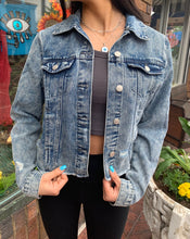 Load image into Gallery viewer, Blue Metaphysical Denim Jacket With Evil Eye

