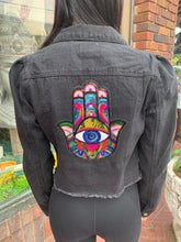 Load image into Gallery viewer, Black Metaphysical Denim Jacket With Multicolor Hamsa
